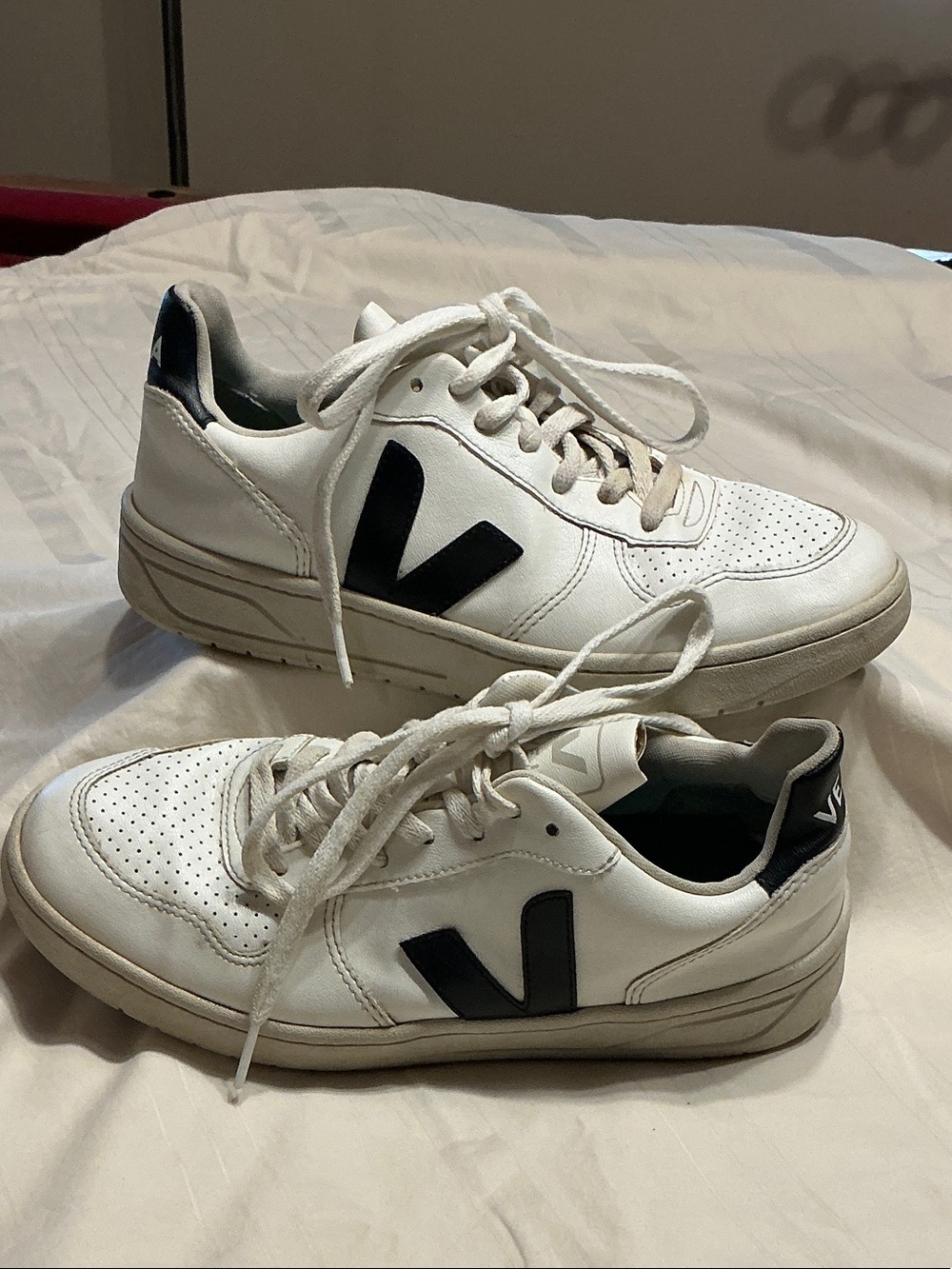 Veja Men's White Leather Sneakers with Black V Logo